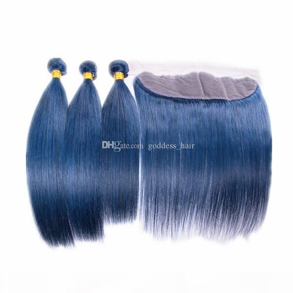 4pcs lot silky straight ear to ear frontal human hair extensions brazilian hair blue color 3bundles with lace frontal closure 13x4, Black